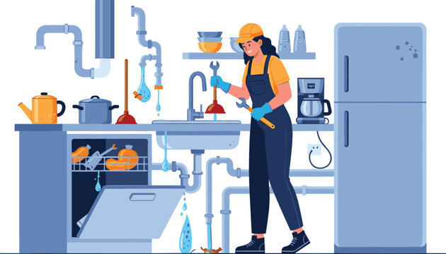 A female plumber fixing a kitchen sink with a wrench, surrounded by pipes and kitchen appliances.