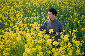 Fototapeta premium A young man wearing glasses examines rapeseed flowers in a field while holding a device