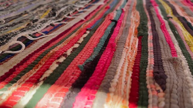 Close Up of Colorful Traditional Arabic Woven Carpet with Sunbeam in Bedouin Desert Camp