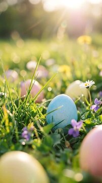 Colorful Easter eggs hidden among green grass and wildflowers in sunlight
