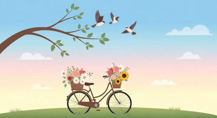 Naklejka premium Bicycle with flower baskets on green hill tree branch and flying birds at sunset
