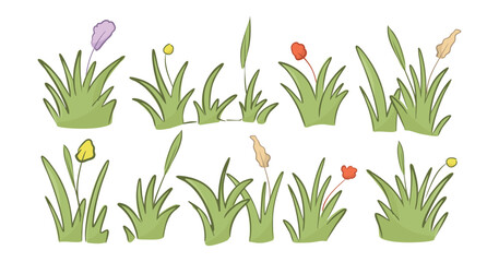Meadow illustration green grass patches set, hand drawn lawn foliage collection, decorative garden nature landscaping elements with flowers for spring or summer greeting cards and nursery decor © EvgeniiasArt