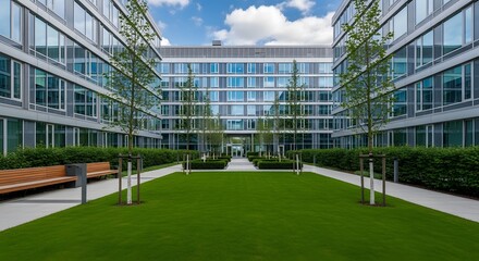 Naklejka premium Modern office building courtyard with green lawn and trees