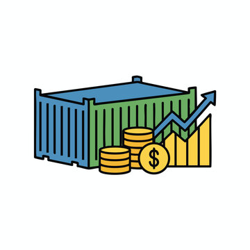 Shipping container with coins, a chart, and an upward arrow indicating growth