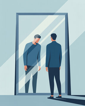 Minimalist flat illustration of confident person with small fragile reflection showing self doubt