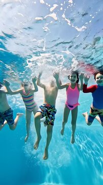 Children holding hands swimming underwater together in clear blue pool