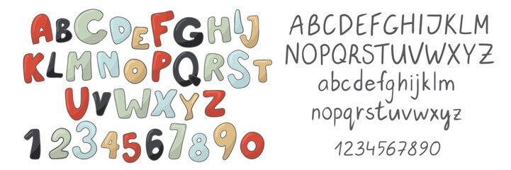 Vector alphabet set with colorful 3D style uppercase, lowercase letters and numbers in hand-drawn style for education, design and planning tools. © EvgeniiasArt