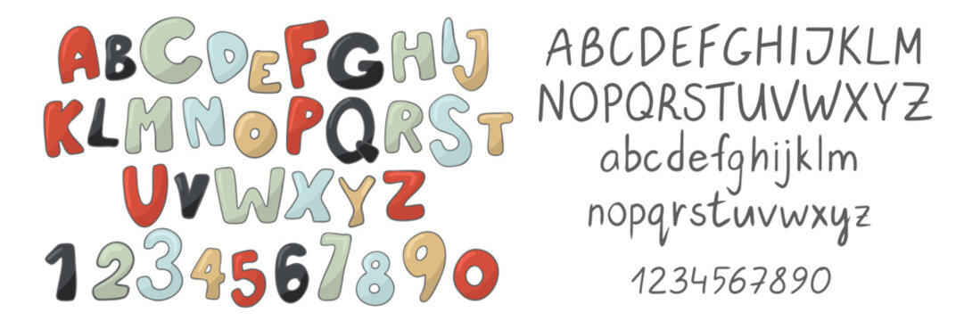 Vector alphabet set with colorful 3D style uppercase, lowercase letters and numbers in hand-drawn style for education, design and planning tools.