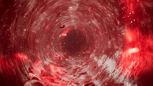 Macro view inside a blood vessel. The walls of the artery are narrowing and vibrating under high pressure. Red blood cells are rushing turbulently. Intense atmosphere, red tones, realistic textures.