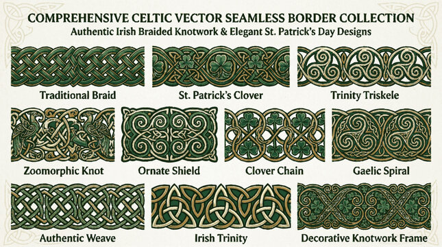 Celtic vector seamless borders with intricate knotwork clover trinity and spiral designs in green