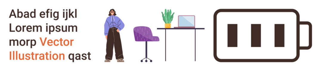 Remote work setup, productivity, work-life balance, employee wellness, digital tools, energy management. Woman standing beside desk with chair, laptop and a battery icon. Productivity and work-life