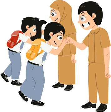 Murid Menyapa dan Salim dengan Guru Di Sekolah, Back To School Illustration