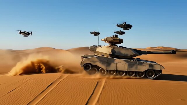 Futuristic Military Tank and Drones Operating in the Desert