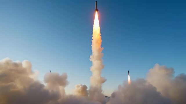 Simultaneous Rocket Launch in Grassy Field at Sunrise