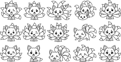 Coloring book page set of cute nine-tailed fox characters