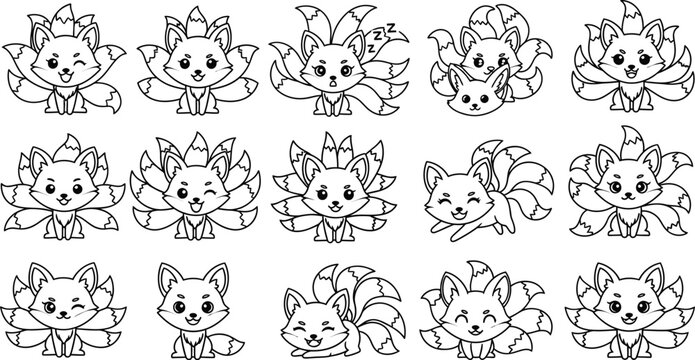 Coloring book page set of cute nine-tailed fox characters
