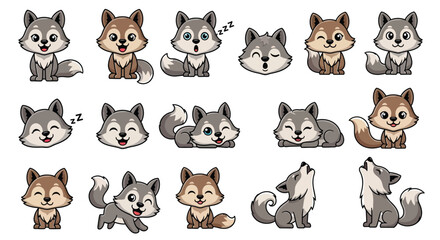 Fototapeta premium Cute wolf puppy character stickers with various expressions and poses