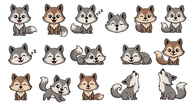Cute wolf puppy character stickers with various expressions and poses