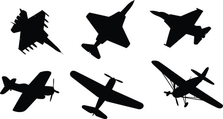 Collection of six aircraft silhouettes, black vector icons of various planes including biplanes, commercial jets, and private aircraft isolated on white. © Only