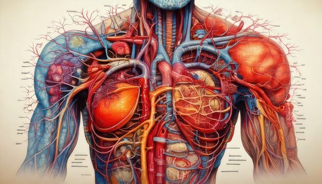 Detailed anatomical illustration of the human circulatory system in vibrant colors.