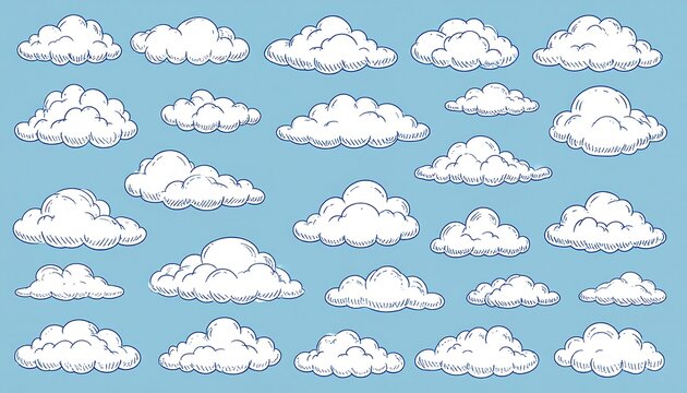 A collection of various, cartoon-style cloud formations with detailed linework are set against a light-blue sky background