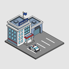 Isometric illustration of a police station with a patrol car parked on the street. © Omah