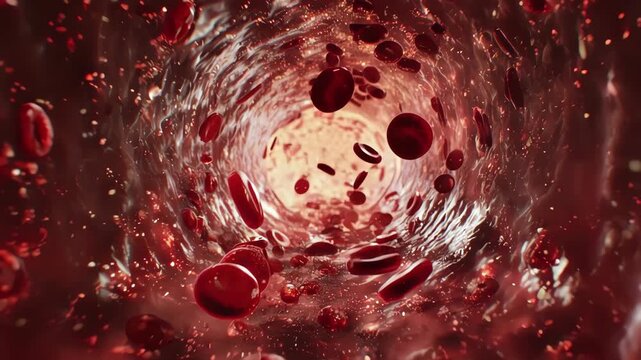 Macro view inside a blood vessel. The walls of the artery are narrowing and vibrating under high pressure. Red blood cells are rushing turbulently. Intense atmosphere, red tones, realistic textures.