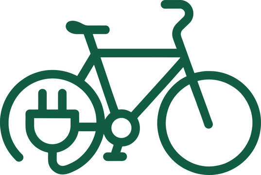 Electric bicycle icon with power plug symbol representing eco friendly transportation, e bike charging concept, sustainable mobility technology vector illustration isolated design