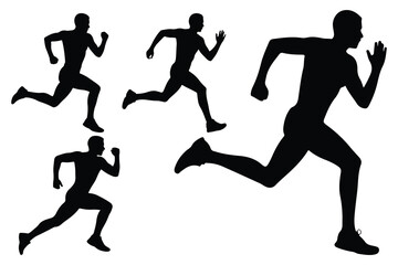 Black silhouettes of men running in various poses white background
