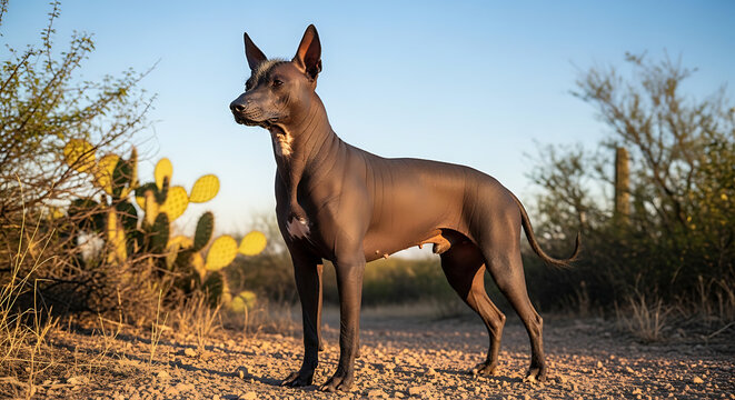 Xoloitzcuintli dog standing in desert landscape.