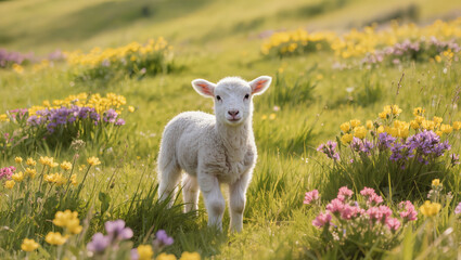 Fototapeta premium baby Lamb Standing in a Spring Meadow with Flowers