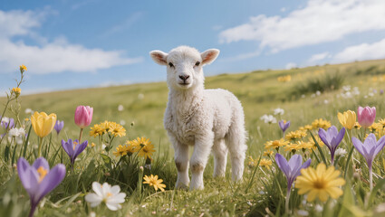 Fototapeta premium baby Lamb Standing in a Spring Meadow with Flowers