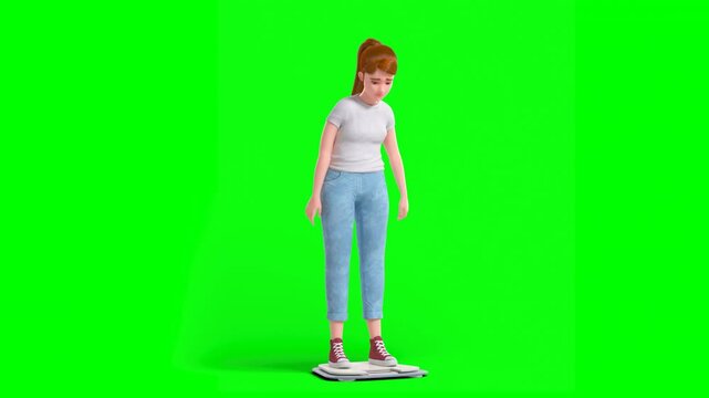 3D Animation of Illustrated Overweight Redhead Girl Standing on Scale Monitoring Her Weight and Being Frustrated Checking Her Fat Belly. Green Screen.