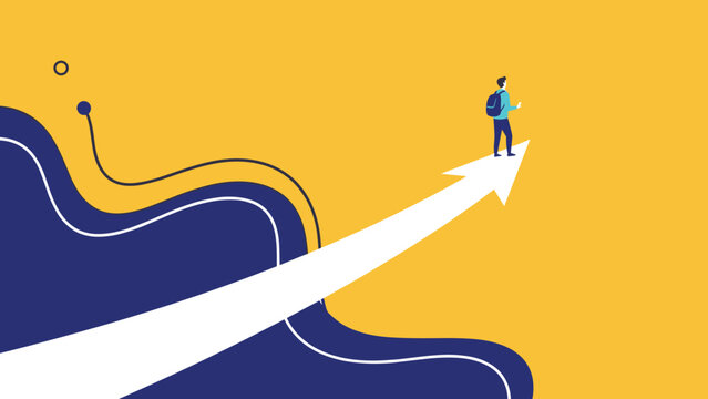 Man in a red sweater stands at an intersection of three dark blue paths looking at a signpost with multiple colorful arrow signs for decisions.