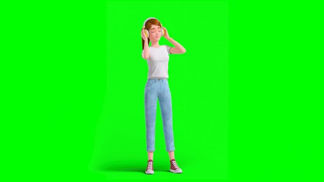 3D Animated Cartoon Woman in Causal T-Shirt and Jeans Sways to Listening Music While Wearing Headphones on Green Background