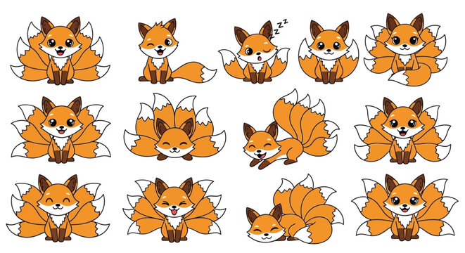 Cute cartoon nine-tailed fox characters in various poses