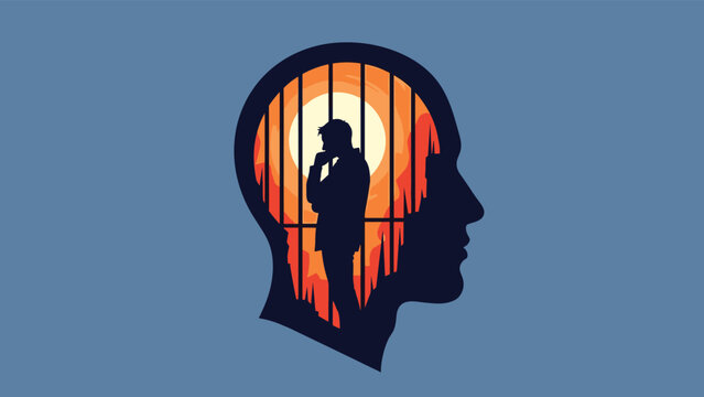 Silhouette of a human head containing a person sitting behind bars while thinking representing a mental prison and being trapped in thought.