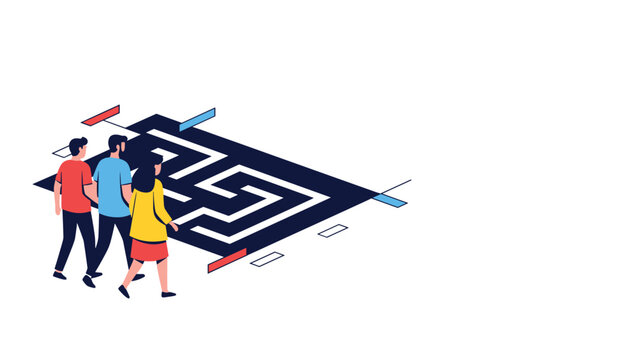 Small group of people stands before a complex maze on the floor representing teamwork, problem solving, and finding the right path forward.