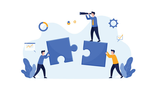 Team of professionals collaborating to solve complex business problems by fitting large puzzle pieces together with a visionary leader guiding.