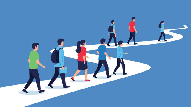 Diverse group of people walking along a winding path toward a common destination illustrating the concept of a shared journey or progression.