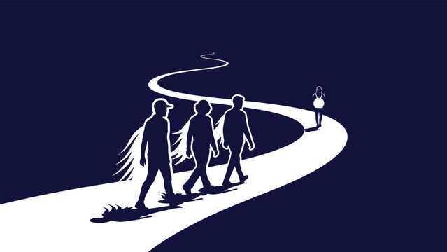 Silhouettes of three winged figures walking along a winding path in the dark representing guardians or spiritual guides on a long journey.