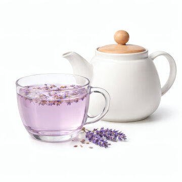 Lavender herbal tea in glass cup with teapot isolated on white background for relaxing drink concept