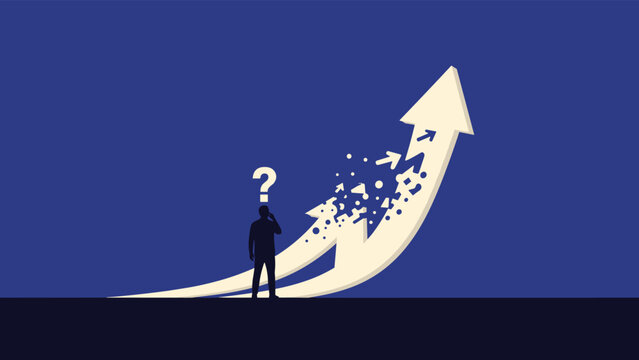 Businessman silhouette standing in thought next to a large upward arrow that is breaking apart representing failure or market volatility.