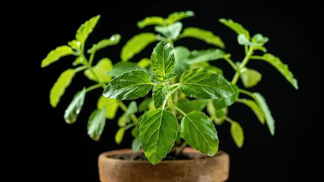 Fresh Green Tulsi Holy Basil Plant in Terracotta Pot on Black Background