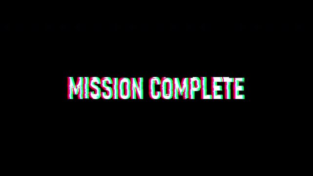 Mission Complete Text Animation with Transparent Alpha Channel and Glitch Effect for Achievement Overlay