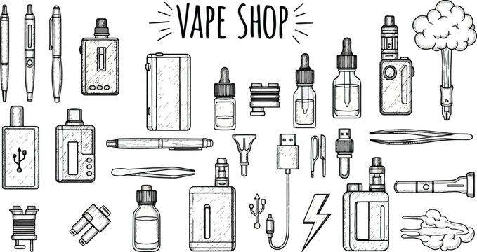 Hand Drawn Vape Shop Icon Set &ndash; Vaping Devices, E-Cigarette, Bottles and Accessories Vector Line Art