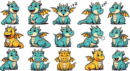 Obraz premium Cute baby dragon character set with various expressions and poses