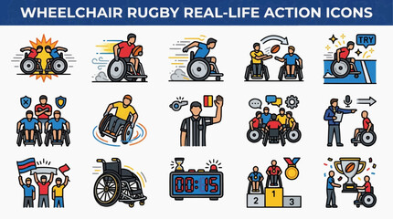 Naklejka premium Wheelchair Rugby Real-Life Action Icons Set - A Vector Collection for Sports and Adaptive Athletics Enthusiasts