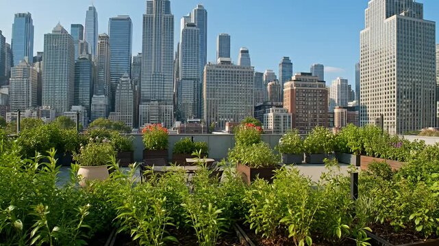 urban rooftop garden with city skyline backdrop under clear blue sky