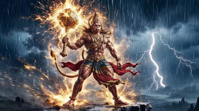 Powerful Lord Hanuman with Glowing Gada Mace in Thunderstorm